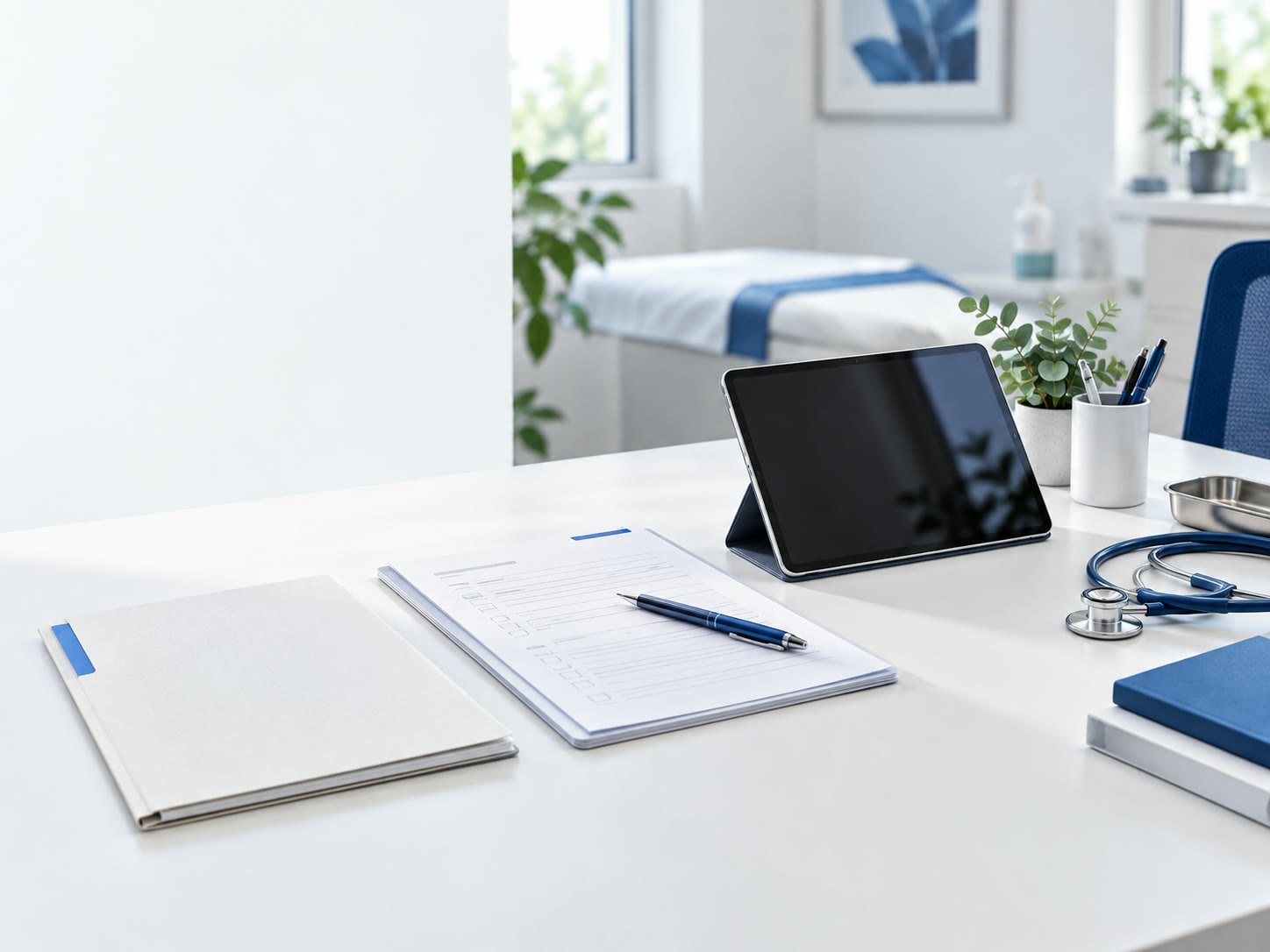 Paper records and a tablet on a sunlit clinic desk