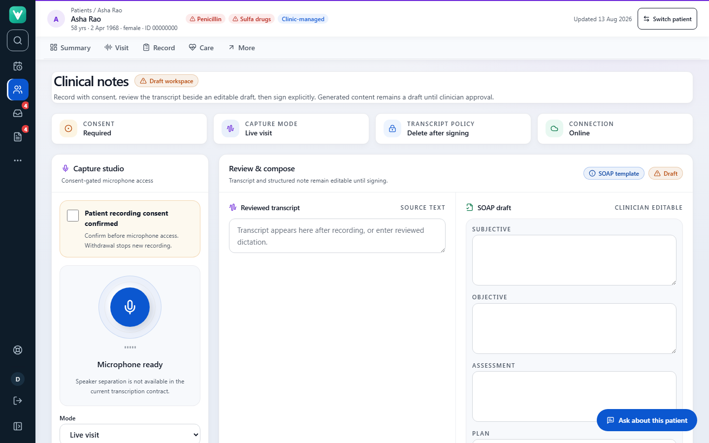 Consent-gated clinical notes screen of the Vaidence clinical workspace