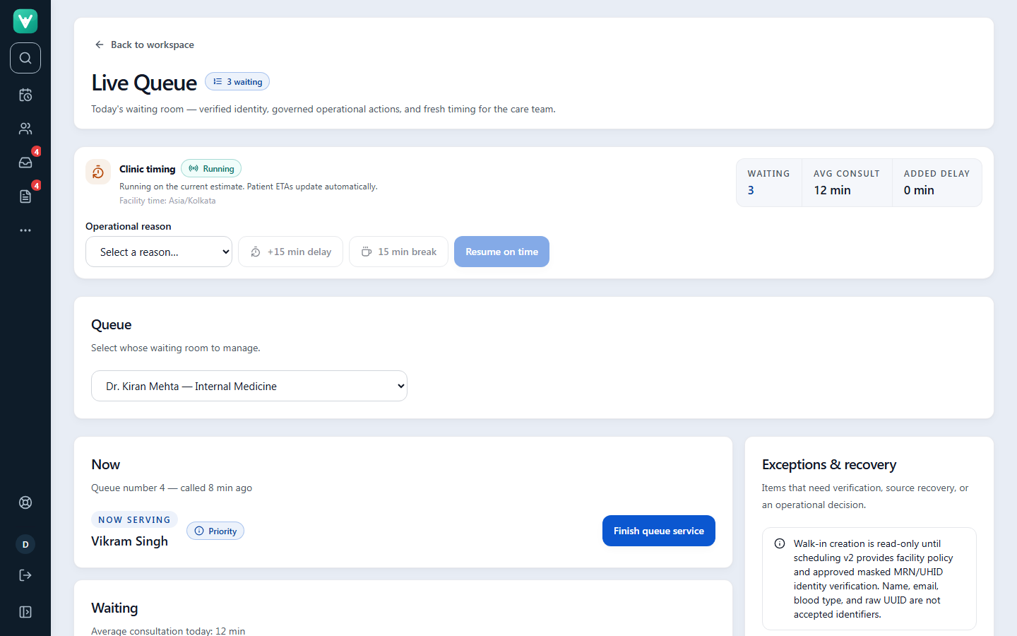 Live queue screen of the Vaidence clinical workspace